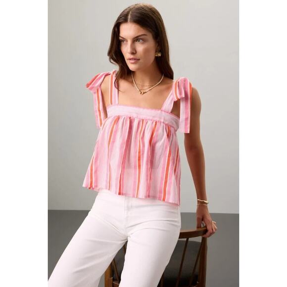 SZ Blockprints Emma Tank Pink Striped Tie Strap Swing Flowy Cotton Top Size M - Picture 1 of 6